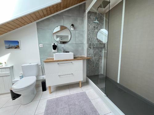 une salle de bain avec toilettes, lavabo et douche dans l'établissement Duplex lumineux à St-Brevin, proche plage et commerces, parking fermé, 2/3 pers - FR-1-364-151, à Saint-Brévin-les-Pins