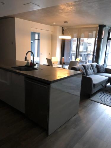 a kitchen with a sink and a living room at Downtown Luxe in Vancouver