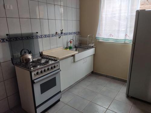 uma pequena cozinha com um fogão e um lavatório em departamento independiente, cerca de todo em San Pedro de Atacama