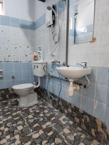 uma casa de banho com um lavatório, um WC e um espelho. em Thetamu Homestay مسلم Pesona em Jalan Baharu