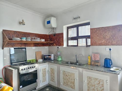 a kitchen with a stove and a sink at Seafarers Loft in Stone Town
