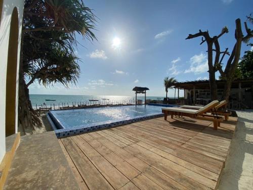 einen Pool mit einer Bank und dem Meer in der Unterkunft Coco Beach Hotel in Jambiani