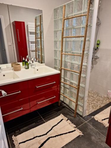 La salle de bains est pourvue d'un lavabo rouge et d'une douche. dans l'établissement Villa_palms_mimizan_plage jolie villa 12 personnes, piscine chauffée et plage à pied, à Mimizan