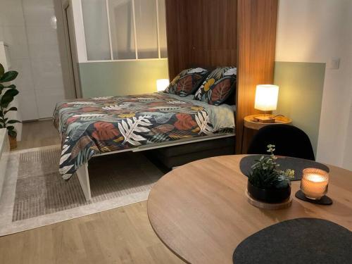 Postel nebo postele na pokoji v ubytování Elégant studio tout confort vue Mont blanc