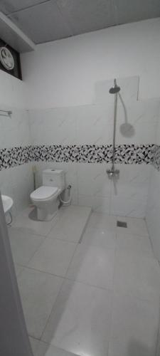 ein weißes Bad mit einem WC und einem Waschbecken in der Unterkunft The Himalayan Guest House in Skardu