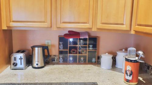 a kitchen counter with various appliances on a counter top at Easy BNB Close to Beaches, Billiard,Ping-Pong Table, Lanai, Fire Pit, BBQ, Patio, Back Yard in New Port Richey