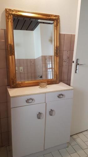 lustro na białej komodzie w łazience w obiekcie Le Petit HERMITAGE w mieście Massiac