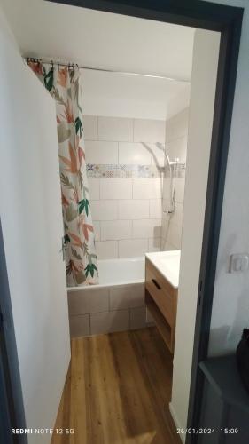 une salle de bain avec une baignoire, une douche et un lavabo dans l'établissement Les Palmiers Appartement 4 personnes 50m De La Plage Parking, à Canet
