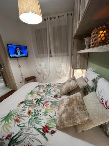 セレスタにあるGites des capucins centre ville Sélestatのベッドルーム1室(大型ベッド1台、壁掛けテレビ付)