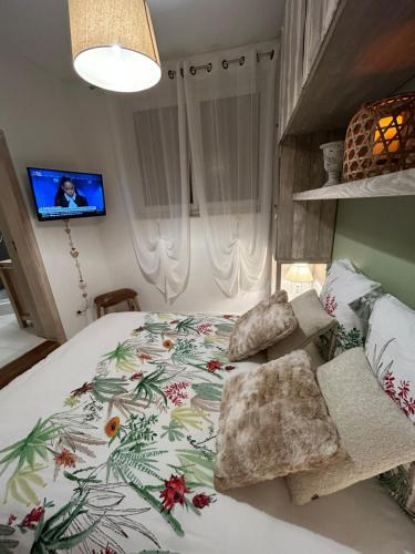 1 dormitorio con 1 cama grande y TV en la pared en Gites des capucins centre ville Sélestat, en Sélestat