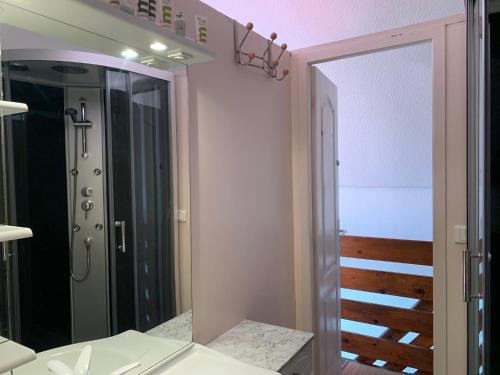 La salle de bains est pourvue d'un miroir et d'une douche à l'italienne. dans l'établissement GRUISSAN PORT JOLI T3 DUPLEX, à Gruissan