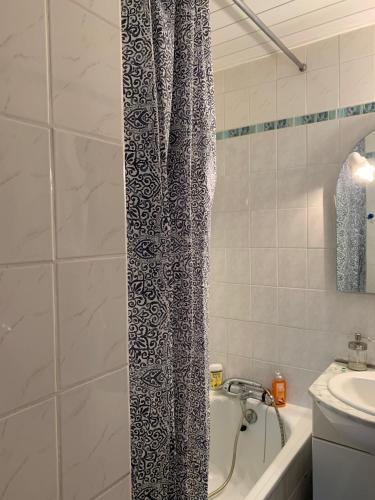 une salle de bain avec un rideau de douche et un lavabo dans l'établissement Appartement Plagnes Villages, à La Plagne Tarentaise