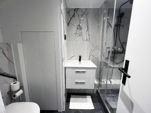 uma casa de banho branca com um lavatório e um chuveiro em Urban Flat 172 - Pretty Flat Gaite Montparnasse Cinema em Paris