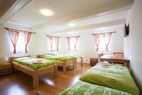 two beds in a room with windows at Penzion U Vyhlídky in Chřibská