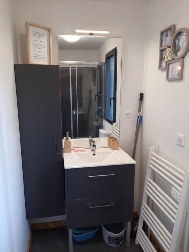 a bathroom with a sink and a mirror at CHALET la VEILLA in Ax-les-Thermes