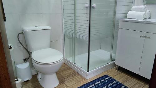 a bathroom with a toilet and a glass shower at O'Porto Cheers Gaia in Vila Nova de Gaia