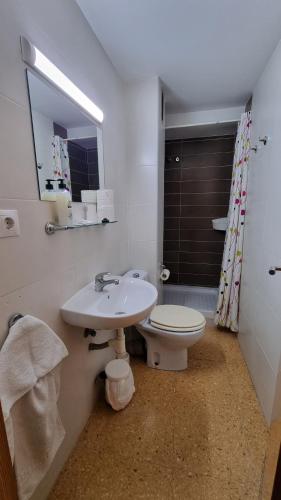 W łazience znajduje się umywalka, toaleta i lustro. w obiekcie Pension Colón w mieście San Juan de Alicante