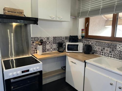 une cuisine avec une cuisinière et un micro-ondes dans l'établissement La mansarde de la Lône, à La Roche-de-Glun