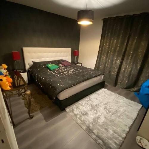 1 dormitorio con 1 cama con edredón negro en Appartement cosy Noisy le sec, en Noisy-le-Sec
