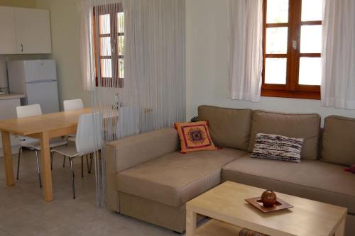 a living room with a couch and a table at Absolute peace north villa by the volcanic slopes in Imerovigli