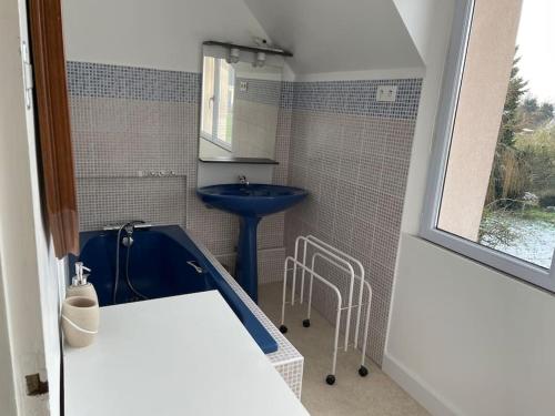 uma casa de banho com um lavatório azul e um espelho. em La Maison du Bonheur em Sainte-Mère-Église