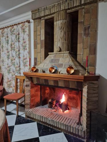 a fireplace in a living room with a fire at Villa los Dulces-Piscina Privada in Letur