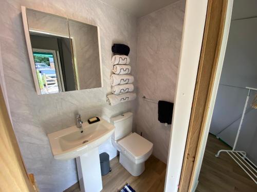 a bathroom with a sink and a toilet and a mirror at Benllech Glamping in Benllech
