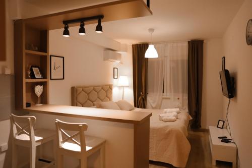um quarto com uma cama, uma secretária e 2 cadeiras em Studio Paddock em Belgrado
