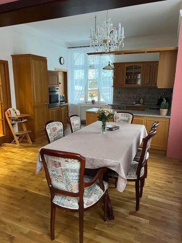 a dining room with a table and chairs and a kitchen at Wespartment Marienbad - City meets Nature in Mariánské Lázně
