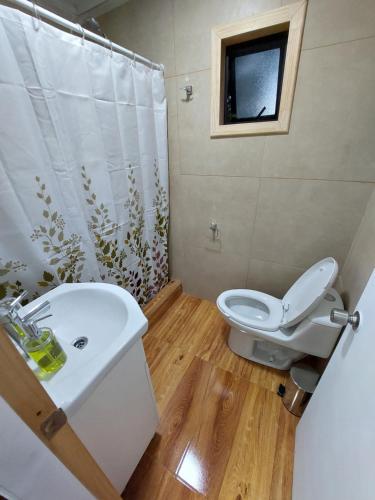 baño con aseo y lavabo y ventana en Cabaña Loft Curaco de Vélez, en Curaco de Velez