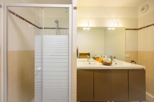uma casa de banho com um lavatório e um chuveiro em Le Capeyron - Parking - WIFI - Aéroport em Mérignac