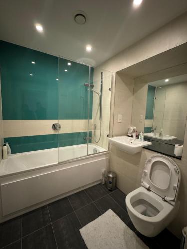 La salle de bains est pourvue d'une douche, de toilettes et d'un lavabo. dans l'établissement Entire Kingston Two bedroom Apartment Town centre & River view, 32 minutes to London Waterloo Station, à Londres