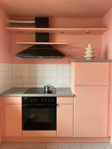 cocina rosa con fogones y horno en Modern Design 3-Bedroom Appartement, Central, Beliebt, en Halle an der Saale