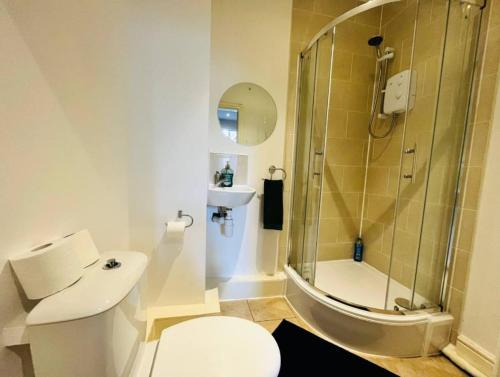 a bathroom with a shower and a toilet and a sink at City Hideout - Centrally Located Studio in Liverpool