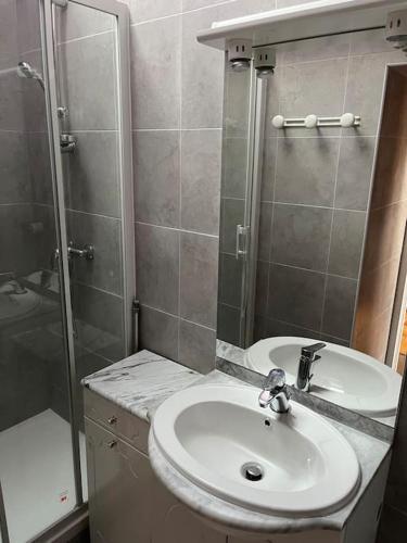 une salle de bain avec un lavabo et une douche dans l'établissement La Bergerie, à Plouha