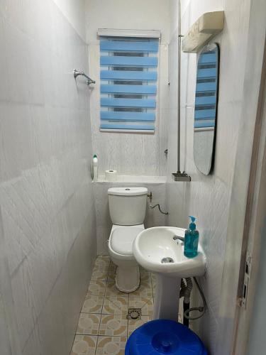 a small bathroom with a toilet and a sink at Chez Astrid in Yaoundé