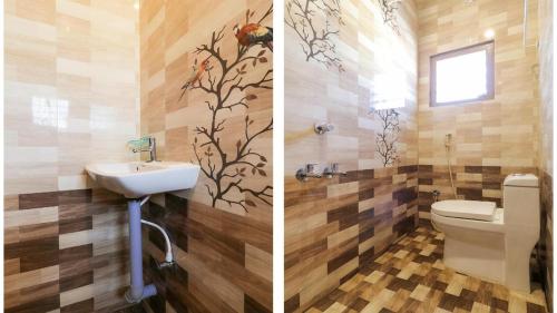 2 zdjęcia łazienki z umywalką i toaletą w obiekcie Hotel Park Sivagangai w mieście Sivaganga