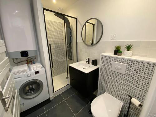 une salle de bain avec toilettes, lavabo et miroir dans l'établissement Appartement - Le cocon Rémois, à Reims