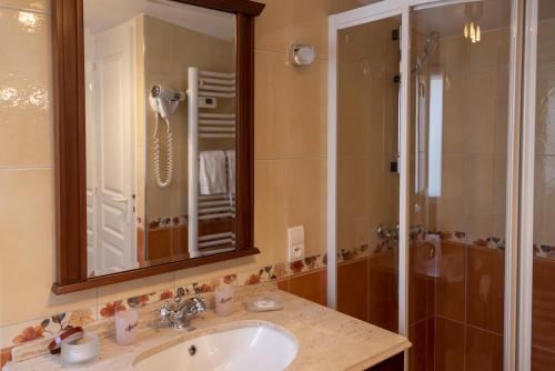 a bathroom with a sink and a shower and a mirror at Hostellerie de la Motte jean in Saint-Coulomb