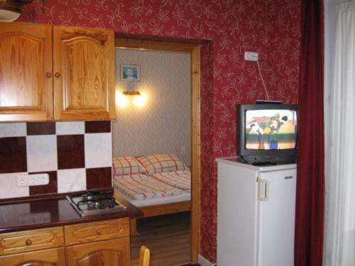 uma cozinha com uma pequena televisão em cima de um frigorífico em Andrea Apartmanház em Balatonlelle