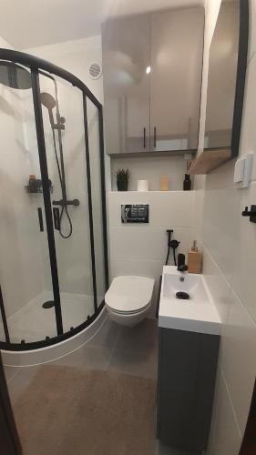 uma casa de banho com um chuveiro, um WC e um lavatório. em Krzemieniecka Atlas Arena Zoo Orientarium em Lódź