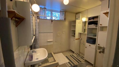 La petite salle de bains est pourvue d'un lavabo et de toilettes. dans l'établissement Storgatan 82 Virserum, à Virserum