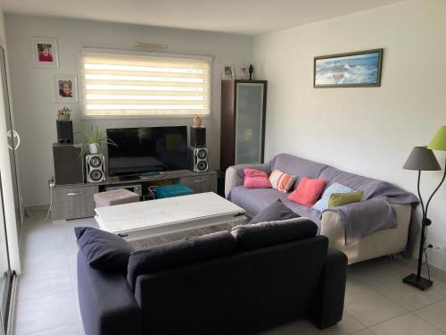 a living room with a couch and a tv at Maison au calme proche des plages du Golfe du Morbihan in Baden