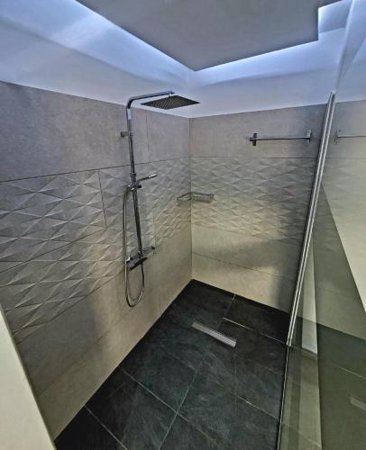 a shower with a glass door in a bathroom at Palm Sea Suite 17 in Larnaca
