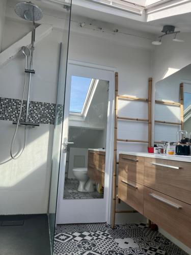 ein Badezimmer mit einer Dusche, einem WC und einer Glastür in der Unterkunft MON DÉSIR in Saint-Maur-des-Fossés