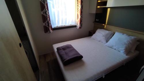 a small bed with a purple pillow sitting on it at MOBILE HOME FOR YOU in Canet-en-Roussillon