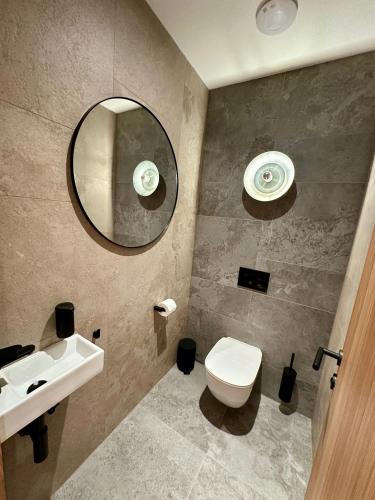 a bathroom with a sink and a toilet and a mirror at Residence Smržovka - Luxury House with Swimming Pool, Jacuzzi, Garden and BBQ in Jablonec nad Nisou