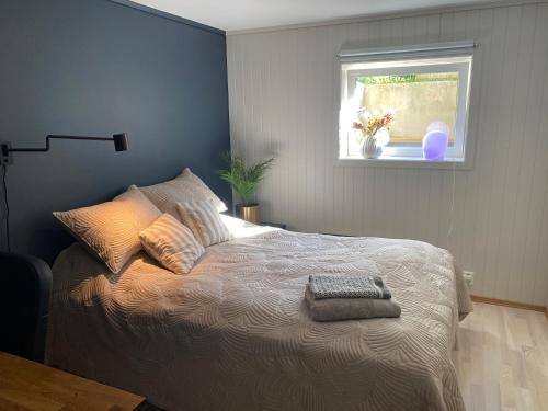 een slaapkamer met een bed met kussens en een raam bij Lys nyoppusset leilighet in Tønsberg