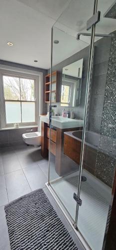 a bathroom with a glass shower and a sink at Highgate Duplex Guest Flat in London