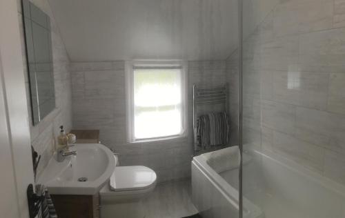 a bathroom with a sink and a toilet and a bath tub at Downtown Cottage Conwy in Conwy